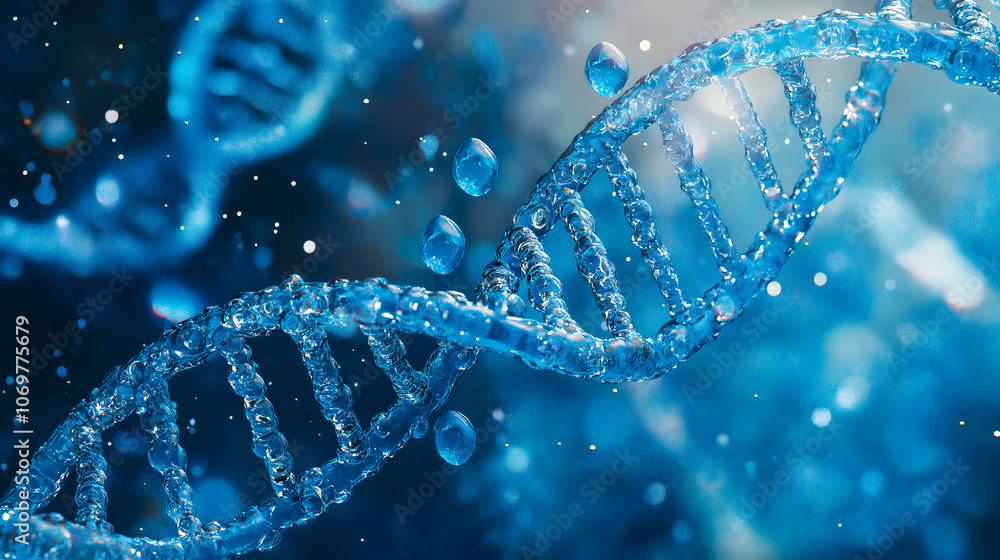 Transparent DNA double helix with water droplets, set against a blue gradient background. suitable for scientific themes. Transparent DNA double helix with water droplets, set against a blue gradient background. suitable for scientific themes.