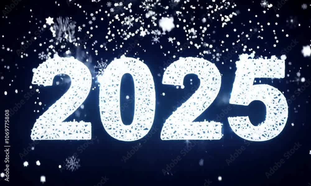 Snow fall with '2025' new year number. black background. Generative AI Snow fall with '2025' new year number. black background. Generative AI