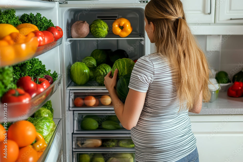 A pregnant woman is opening the refrigerator. AI generative. A pregnant woman is opening the refrigerator. AI generative.