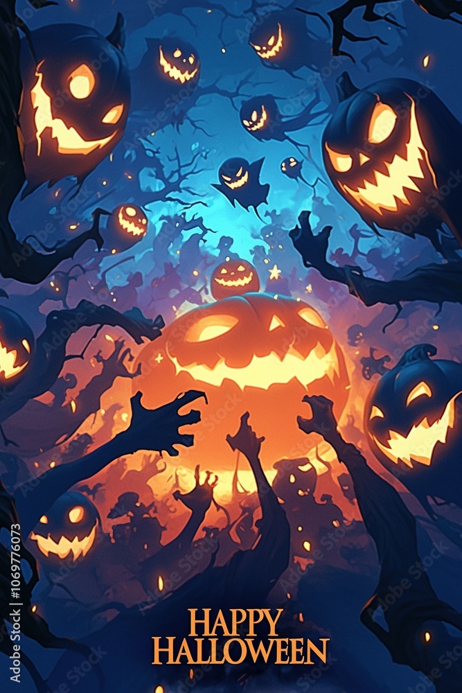 Spooky Halloween Pumpkins with Glowing Eyes and Smiling Faces Spooky Halloween Pumpkins with Glowing Eyes and Smiling Faces