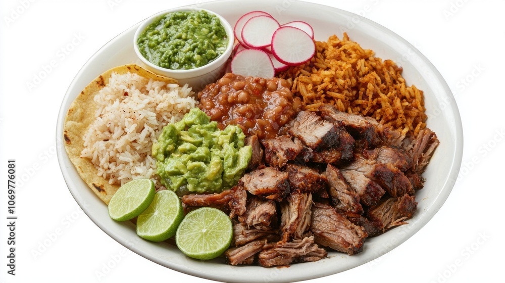 Enjoy a delicious carnitas plate with crispy pork rice and beans Enjoy a delicious carnitas plate with crispy pork rice and beans