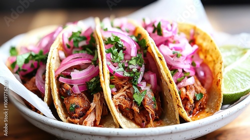 Savor cochinita pibil tacos with slow-cooked pork and achiote toppings