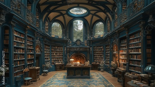 A grand library with ornate wood paneling, towering bookshelves, and a large fireplace in the center.
