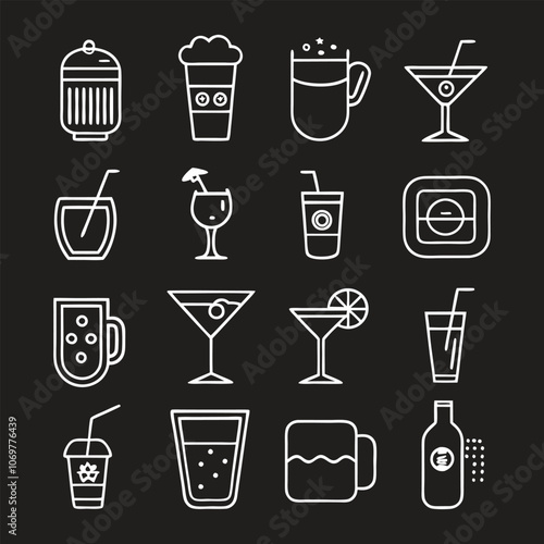 set of different type of drink line art icon