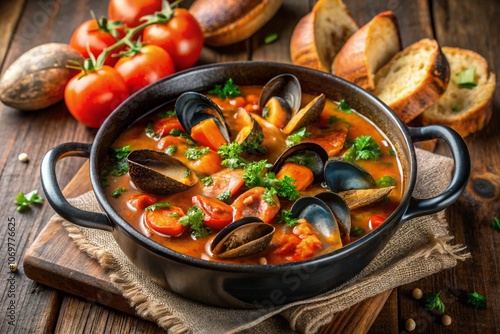 A large pot of food with a variety of ingredients including tomatoes, bread photo