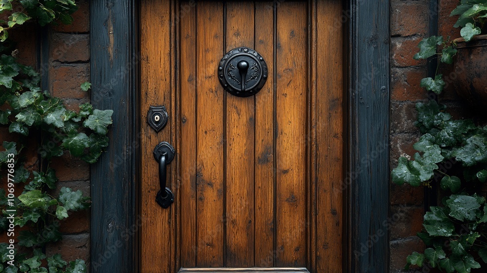 Fototapeta premium A close-up of a wooden door with black trim and a decorative door knocker.