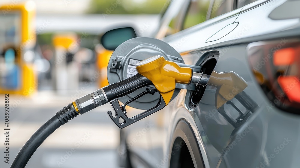 A close-up view of a fuel nozzle inserted into a car's gas tank, highlighting the process of refueling at a gas station. A close-up view of a fuel nozzle inserted into a car's gas tank, highlighting the process of refueling at a gas station.