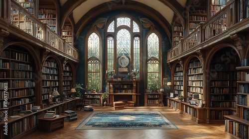 A grand library with wooden bookshelves, a stained glass window, and a Persian rug.