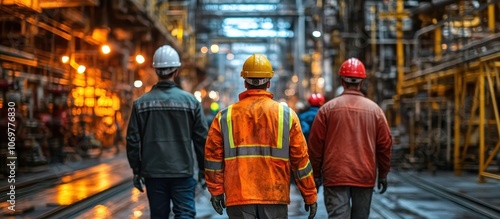 Industrial Workers in Safety Gear Walking Through a Busy Factory with Machinery and Equipment in the Background