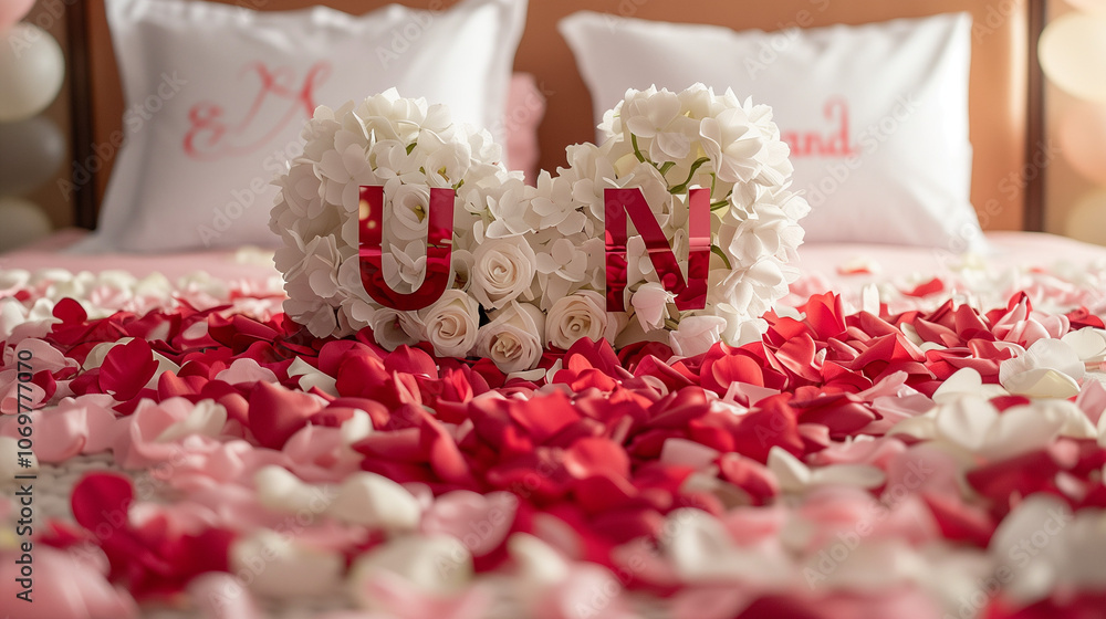 White flower bouquet for the wedding. Heart made of red and white petals on the pink beds. Red petals and heart balloons. White flower bouquet for the wedding. Heart made of red and white petals on the pink beds. Red petals and heart balloons.