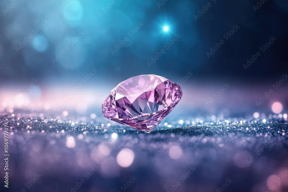 A sparkling pink diamond sits elegantly on a bed of shimmering glitter, illuminated by a soft, ethereal light. A sparkling pink diamond sits elegantly on a bed of shimmering glitter, illuminated by a soft, ethereal light.