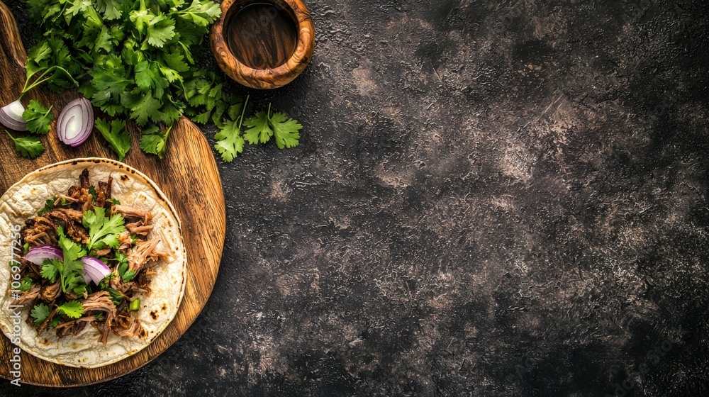 Savor delicious carnitas tacos with fresh cilantro and onions Savor delicious carnitas tacos with fresh cilantro and onions