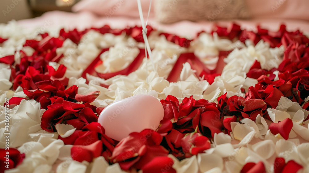 White flower bouquet for the wedding. Heart made of red and white petals on the pink beds. Red petals and heart balloons. White flower bouquet for the wedding. Heart made of red and white petals on the pink beds. Red petals and heart balloons.