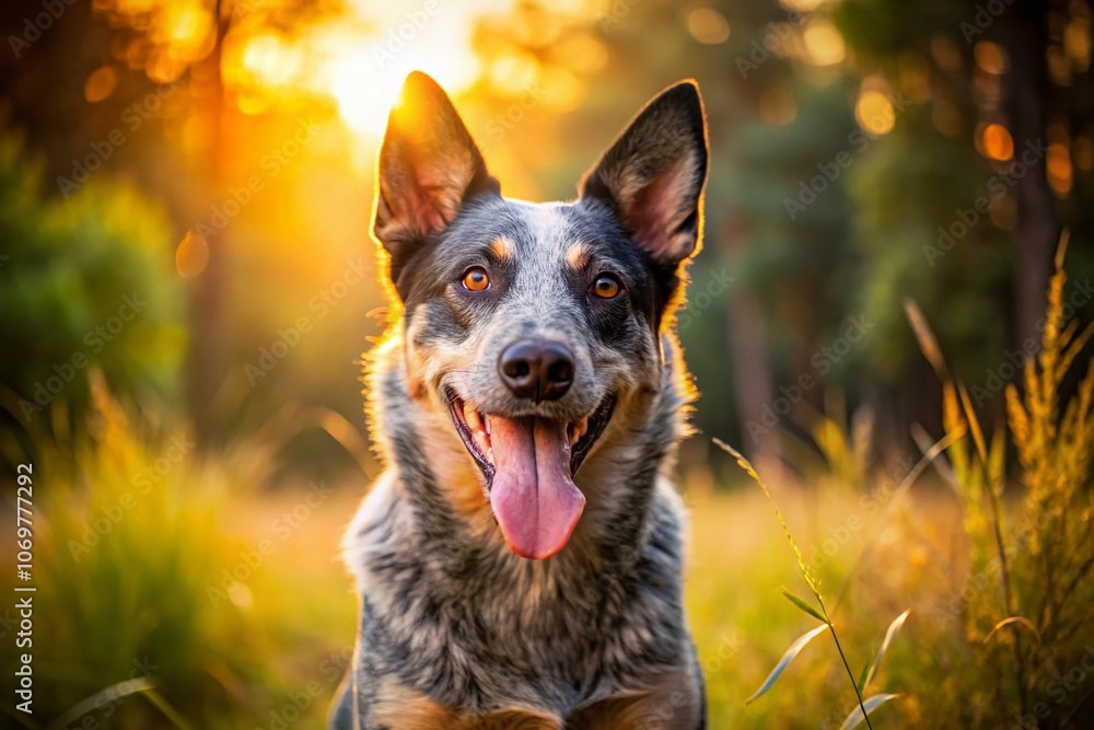 Playful Australian Cattle Dog in Long Exposure Outdoor Portrait with Mouth Open and Tongue Out, Capturing the Joyful Spirit of This Energetic Breed in a Natural Setting Playful Australian Cattle Dog in Long Exposure Outdoor Portrait with Mouth Open and Tongue Out, Capturing the Joyful Spirit of This Energetic Breed in a Natural Setting