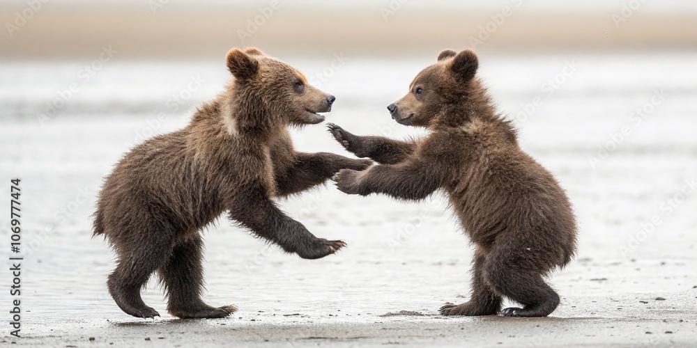 Obraz premium Playful Dance of Grizzly Bear Cubs in a Minimalist Landscape Captured in Nature's Embrace - A Serene Moment of Joyful Wildlife Interaction