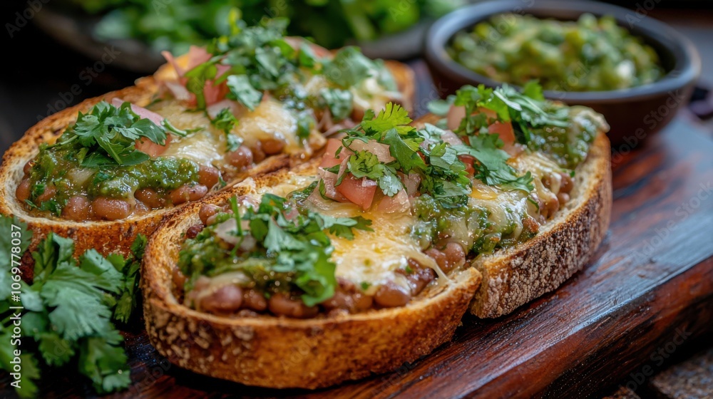 Delight in molletes with salsa verde tasty toasted bread topped with refried beans Delight in molletes with salsa verde tasty toasted bread topped with refried beans