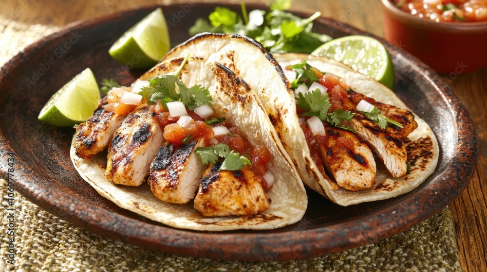 Savor grilled chicken tacos with onions and cilantro Savor grilled chicken tacos with onions and cilantro