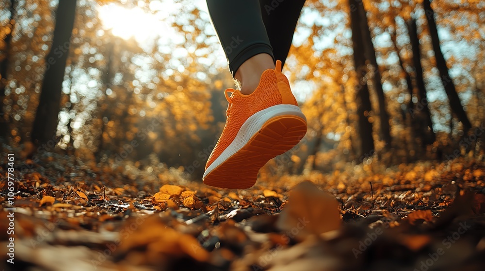 Close-up of a person running in nature wearing bright orange sneakers on a sunny day, Fitness concept, 4k Close-up of a person running in nature wearing bright orange sneakers on a sunny day, Fitness concept, 4k