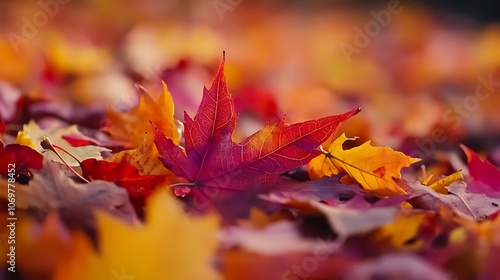 A stunning close-up of vibrant autumn leaves in various colors, showcasing rich reds, oranges, and yellows, with a soft focus background that enhances their beauty.