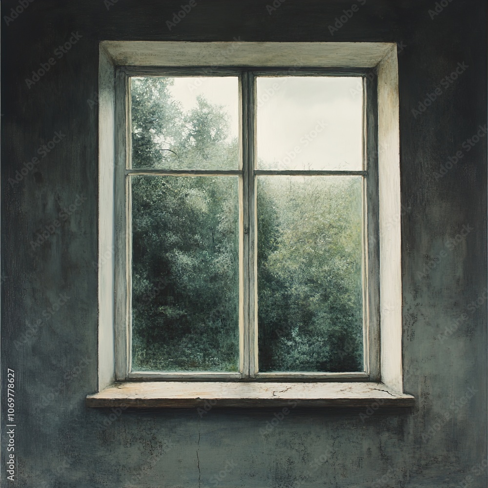 Rustic Window with View of Green Trees - A Glimpse of Nature's Beauty Rustic Window with View of Green Trees - A Glimpse of Nature's Beauty