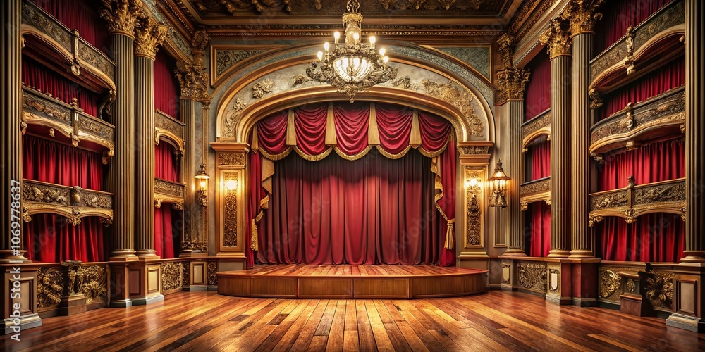 Red Velvet Curtains Drawn Back to Reveal a Dramatic Empty Stage in an Elegant Theater Setting, Showcasing Architectural Details and Rich Textures for Dramatic Effect Red Velvet Curtains Drawn Back to Reveal a Dramatic Empty Stage in an Elegant Theater Setting, Showcasing Architectural Details and Rich Textures for Dramatic Effect