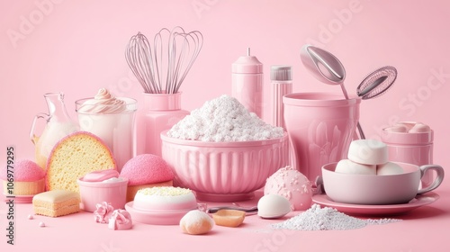 Baking ingredients and tools on a pink background.