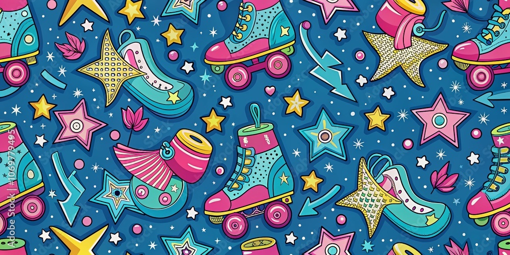 Fototapeta premium Roller Skates Seamless Pattern with Stars and Arrows on Blue Background for Girlish Sport Textiles and Wrapping Paper, Perfect for Fun and Vibrant Designs