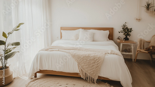 A wooden bed frame with white linen bedding and a woven throw blanket at the foot