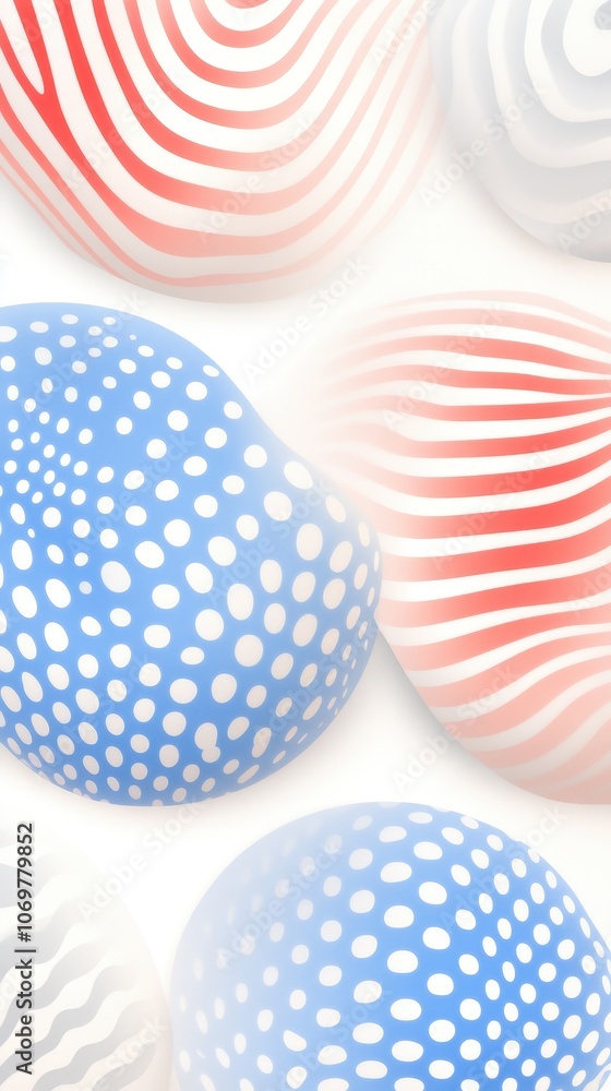 Abstract Candy Stones: A vibrant collection of smooth, colorful stones with polka dot and striped patterns, creating a playful and visually engaging image. Perfect for backgrounds, websites.