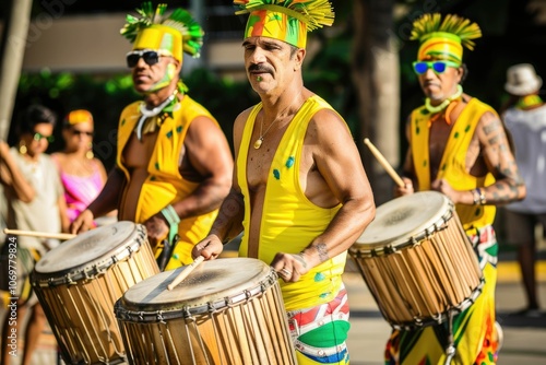 Rio Brazil Samba Cranival music played on drums by colorfully dressed musicians photo