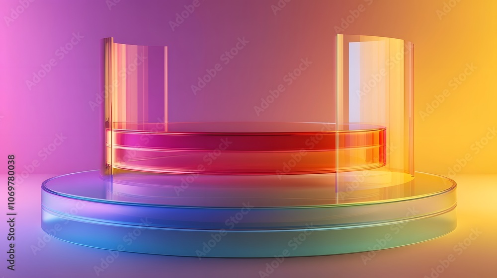 Abstract 3d colorful glass curves. Abstract scene background. Podium 3d, stage pedestal or platform Abstract 3d colorful glass curves. Abstract scene background. Podium 3d, stage pedestal or platform