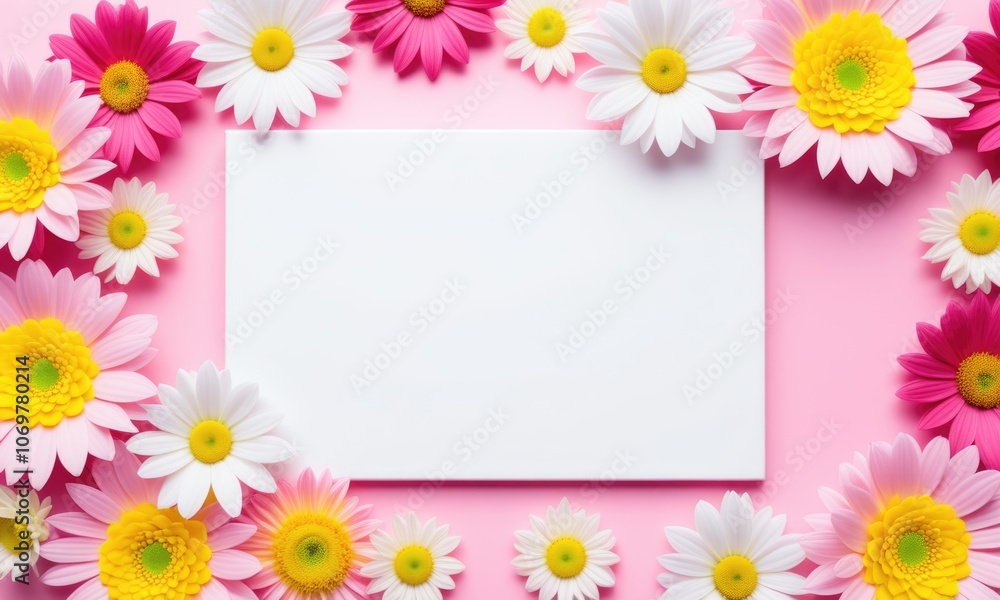 A vibrant arrangement of multicolored flowers framing a blank card on a pink backdrop for creative projects A vibrant arrangement of multicolored flowers framing a blank card on a pink backdrop for creative projects