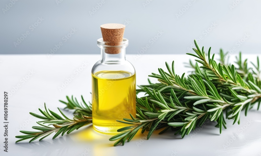 Fresh rosemary sprigs beside a glass bottle of olive oil on a clean surface, showcasing natural ingredients Fresh rosemary sprigs beside a glass bottle of olive oil on a clean surface, showcasing natural ingredients