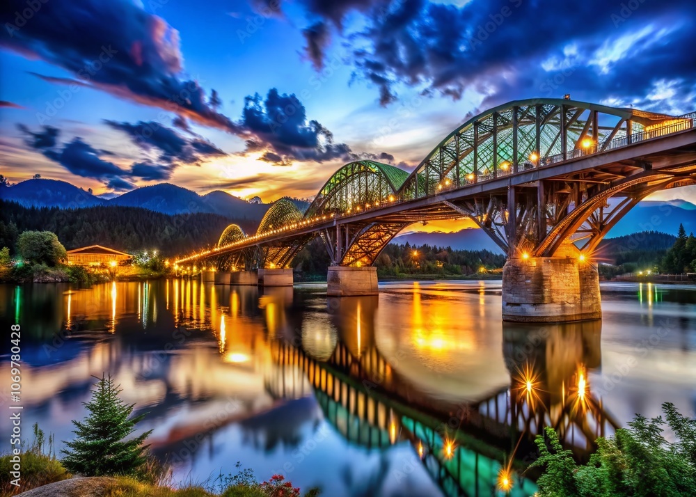 Fototapeta premium Scenic Low Light Photography of the Historic Alexandra Bridge in British Columbia, Canada, Capturing Its Majestic Structure Against the Night Sky and Reflecting River Waters