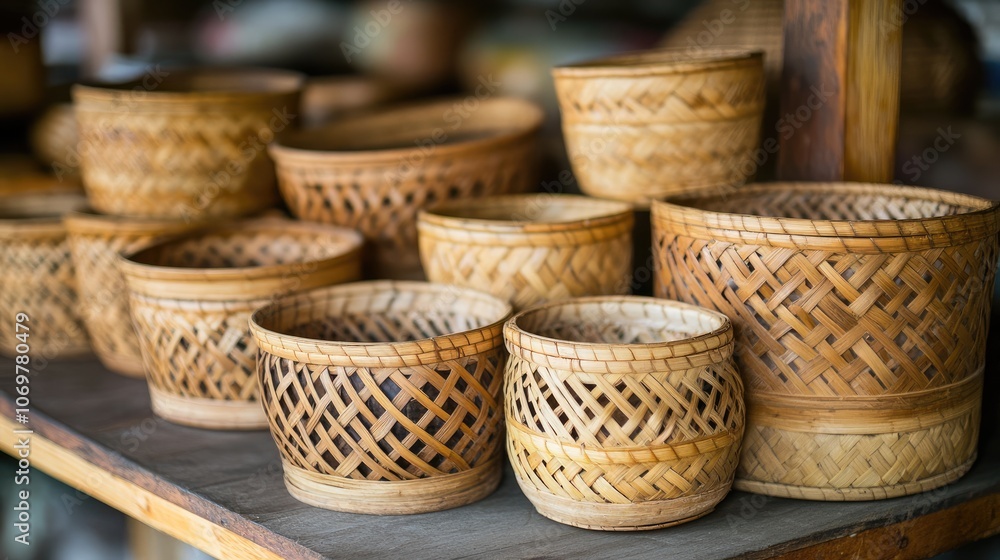 Decorative Handmade Bamboo Baskets on Display Decorative Handmade Bamboo Baskets on Display