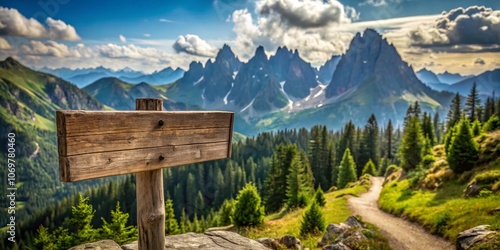 Scenic Mountain Signpost Directing Hikers to a Cozy Bar in the Wilderness with Clear Blue Sky and Lush Greenery Surrounding the Pathway for an Inviting Atmosphere