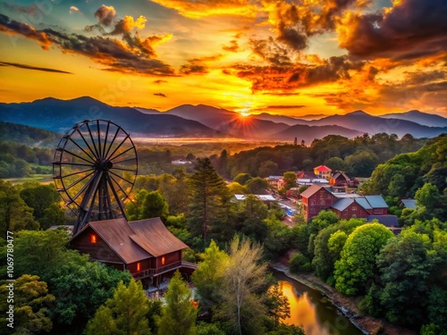 Scenic Silhouette of Pigeon Forge and Sevierville, Tennessee: Aerial View of Historic Island and Nature Mill Capturing the Beauty of the Great Smoky Mountains photo