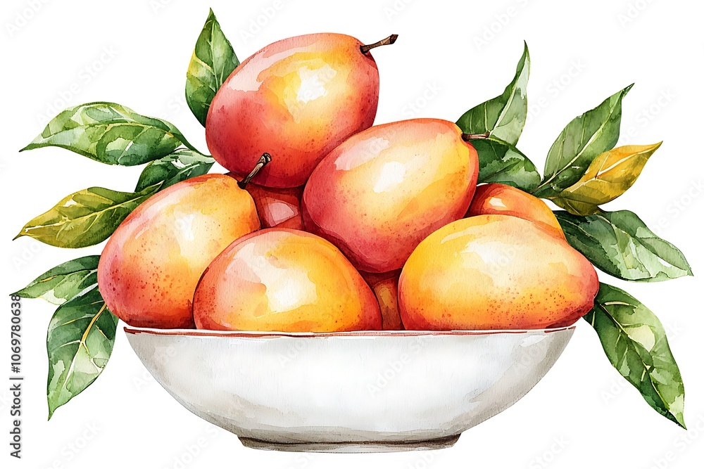 Watercolor Illustration of Fresh Mangoes in a Bowl with Green Leaves. Watercolor Illustration of Fresh Mangoes in a Bowl with Green Leaves.