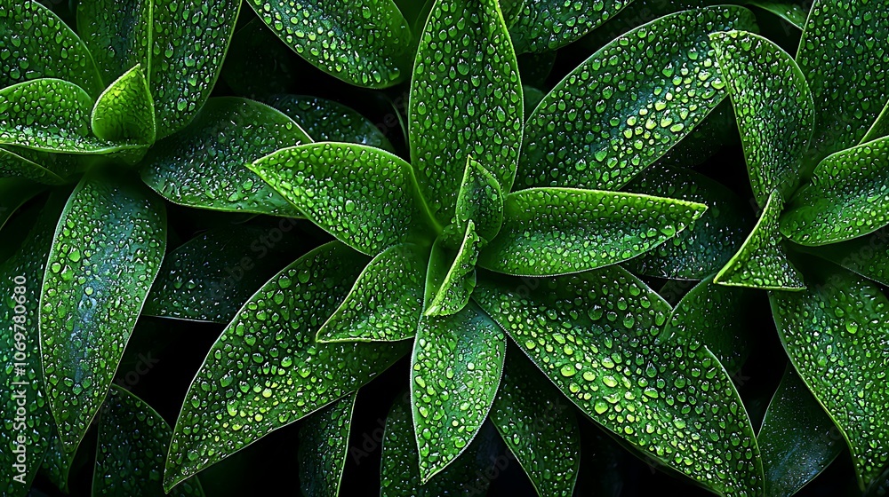 Fototapeta premium Lush green leaves adorned with droplets of water, creating a vibrant and fresh appearance.