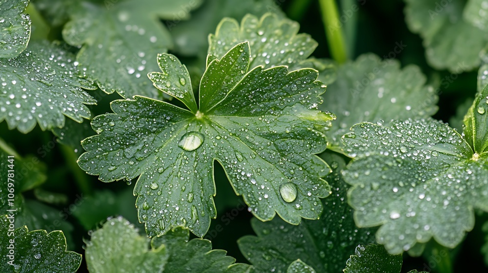 Close-up of green leaves adorned with water droplets, showcasing the beauty of nature and the freshness brought by recent rain. Close-up of green leaves adorned with water droplets, showcasing the beauty of nature and the freshness brought by recent rain.