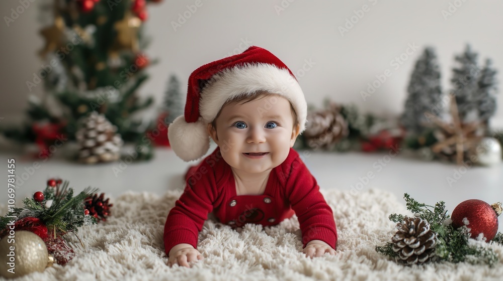 Smiling baby in a red Christmas outfit and Santa hat crawling on a white background. Holiday, cute,happy,festive, season,play,childhood, innocence, Christmas 2025,advertising,marketing,AI Smiling baby in a red Christmas outfit and Santa hat crawling on a white background. Holiday, cute,happy,festive, season,play,childhood, innocence, Christmas 2025,advertising,marketing,AI