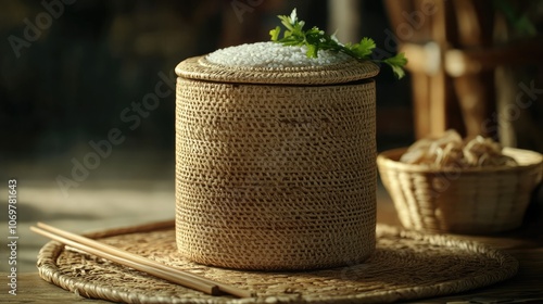 Bamboo Container with Rice and Fresh Herbs photo