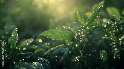 Wallpaper Mural Dew-covered leaves glisten in soft sunlight, showcasing nature's beauty and freshness in a serene, lush environment. Torontodigital.ca