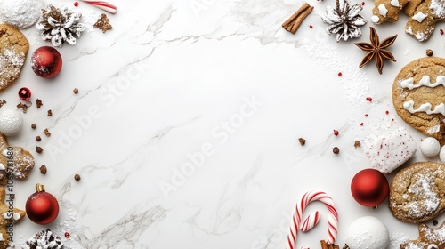 Christmas baking bottom border with cookies, peppermints and spices. Top view over a white marble background with copy space. Holiday baking concept. photo