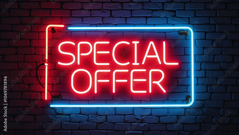 Neon-lit advertising sign displaying a Special Offer in a bustling urban street at night, glowing brightly against the dark sky Neon-lit advertising sign displaying a Special Offer in a bustling urban street at night, glowing brightly against the dark sky
