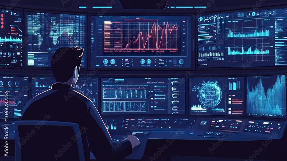 An engineer training a machine learning model, with multiple screens displaying data inputs, algorithms, and performance metrics. An engineer training a machine learning model, with multiple screens displaying data inputs, algorithms, and performance metrics.