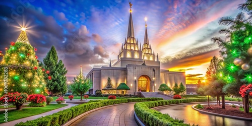 Serene Bokeh Effect of Latter-Day Saint Temples at Sunset, Capturing the Tranquility and Beauty of Spiritual Architecture Surrounded by Lush Greenery and Soft Glowing Lights
