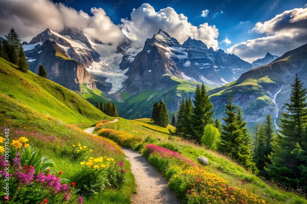 Obraz premium Serene Curved Mountain Hiking Trail Snaking Through the Majestic Swiss Alps Surrounded by Lush Greenery and Majestic Peaks, Capturing the Essence of Nature's Beauty and Adventure