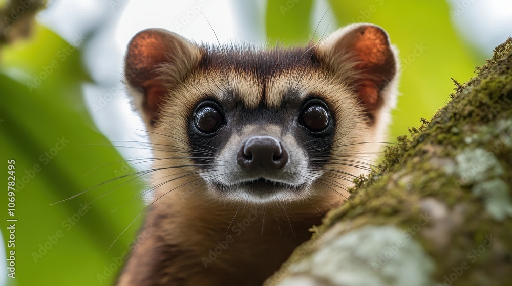 Obraz premium Curious Eyes in the Rainforest: A close-up portrait of a small, brown and black striped mammal with large, dark eyes, peeking out from behind a leafy branch in a tropical rainforest.
