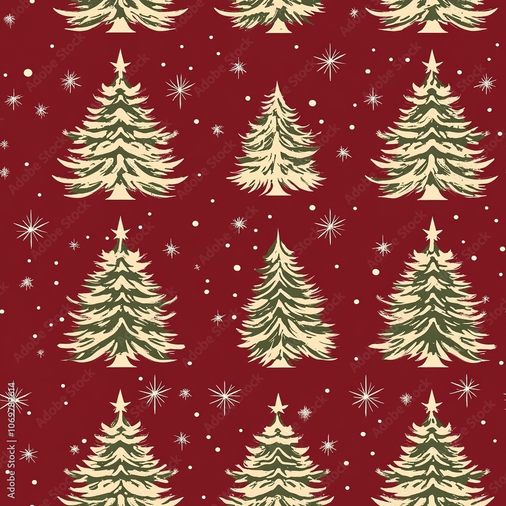Christmas Tree Seamless Pattern Red Background Gold Green Design Christmas Tree Seamless Pattern Red Background Gold Green Design